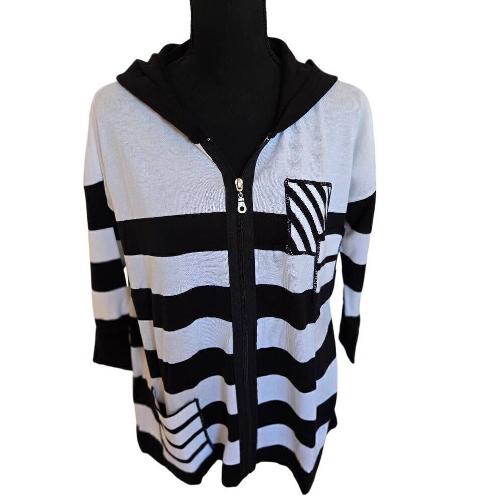 ANGEL Womens Stripe Hooded Zip Front Cardigan Sweater Black White Medium